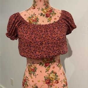 Floral Puff Sleeve Top - Red and Black